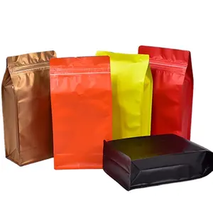Custom Printed Quad Seal Square Coffee Beans Packaging Pouch Flat Block Box Bottom Bags With Air Valve