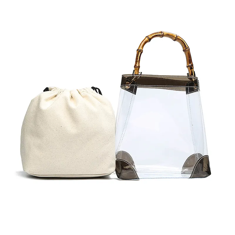 Bamboo Top Handle Clear PVC 2 in 1 Bucket Bag Summer and Spring Women purses and handbags jelly transparent bags