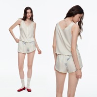 Ensemble deux pièces gilet sans manches boutonné et short en rayonne, motif palmier brodé, mode estivale, vêtements d'intérieur pour femmes