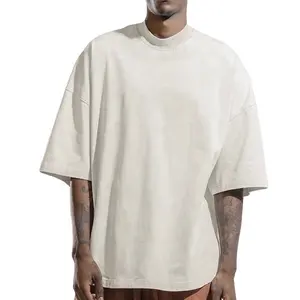 Pesado camisa de algodão dos homens de luxo qualidade oversized gota ombro solto t-shirt streetwear sopro impressão simulada pescoço t shirt para homens