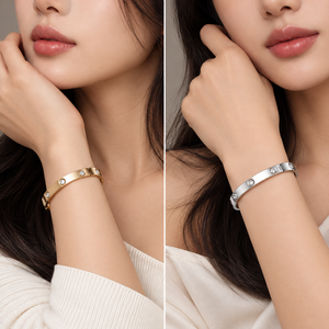 Bracelet jonc articulé en zircon, acier inoxydable, options de couleurs or et argent, option or plaqué sous vide 14 carats - Product Image 4