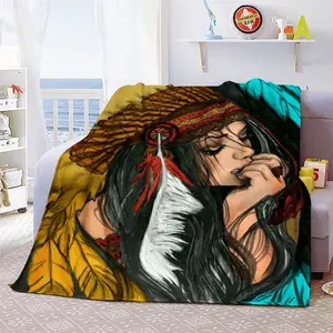 Indian Hunter Indigenous Culture Pattern Flannel Throw Blanket King Size Lightweight Comfortable Soft Warm Bedding Travel Gifts