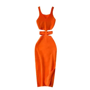 New European Stylish Hollow Out Sexy Slim Knitted Dress Women Sexy Dresses Vestidos Clothing Spaghetti Strap Dress