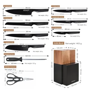 طقم سكاكين مطبخ تصميم جديد من سلسلة ستارك مكون من 15 قطعة مغلفة باللون الأسود طقم سكاكين طاهٍ فائقة الحدة من الفولاذ المقاوم للصدأ مع حامل سكاكين خشبي