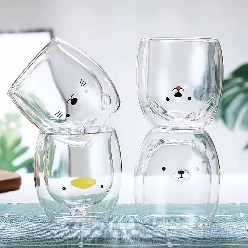 Wholesale Colored Borosilicate Coffee Tea Water Bear Double Wall Glass Cup