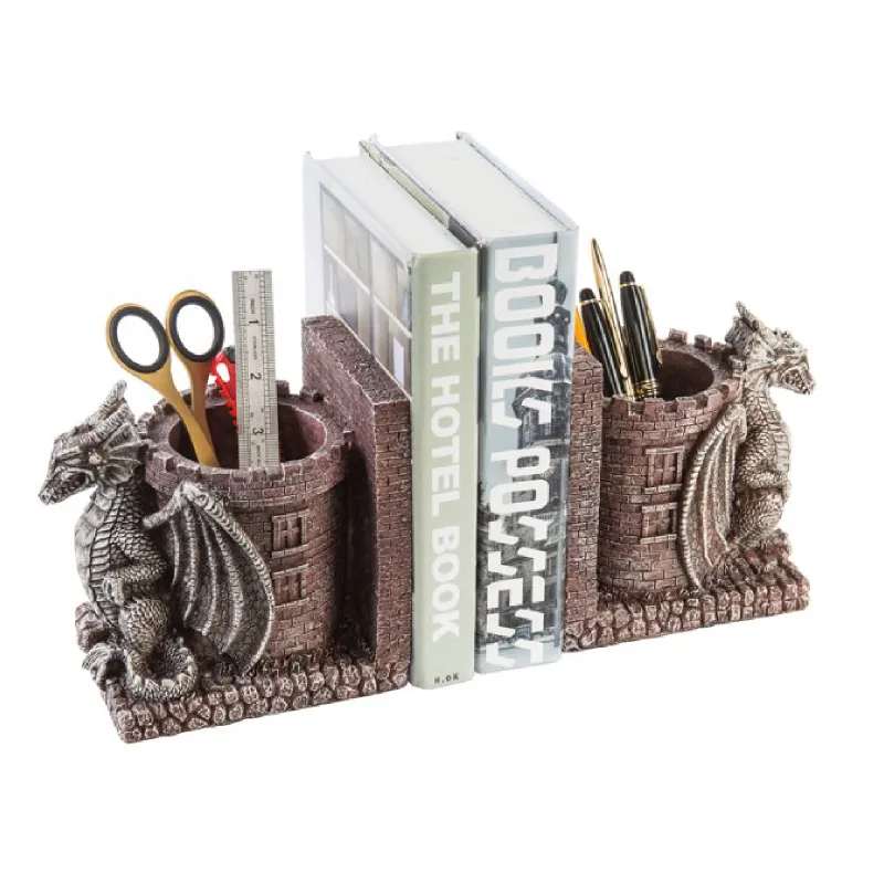 Dragon Guard Castle pembatas buku Resin batu antik dekoratif dengan tempat pensil