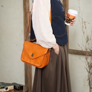 Women's Leather Crossbody Bag Horizontal Square <b>Lock</b> Closure Durable Everyday Use Sunset Yellow - Product Image 2