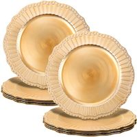 Assiettes de présentation rondes en plastique dorées de 13 pouces, avec bordure perlée gravée, vaisselle solide pour mariage et fête