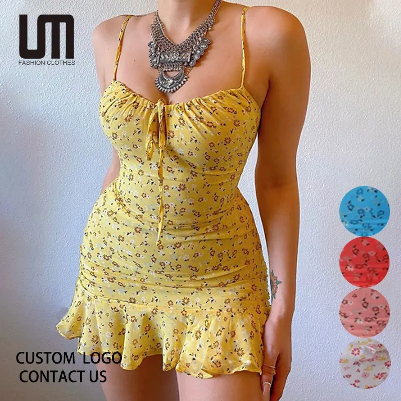 Liu Ming Women Sexy Floral Wrap Cut Out Halter Ruffles Printed Summer Mini Dress
