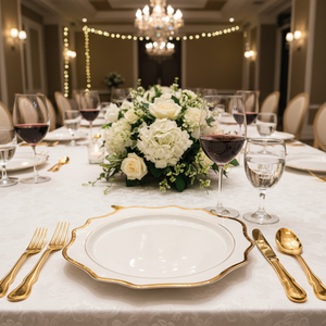 Classic Gold Rim Scalloped White Bone China Charger Plates Custom <strong>Dinnerware</strong> for Wedding Banquet Hotel - Product Image 3