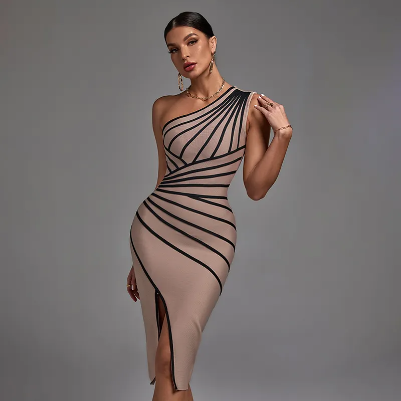 Factory Fashion Sexy Party Club Wear Celebrity Vestidos Bandage Dress One Shoulder Line Stripe Design Slit Party Dress