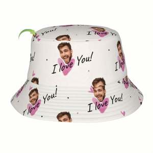 Bob unisexe en polyester avec impression photo personnalisée 'I Love You' et motif feuille de dessin animé – Casquette de pêcheur idéale pour un style urbain masculin - Product Image 1