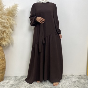 6738# New Basic Closed Abaya Crew Neck Wrinkle Crepe Fabric Muslim Women <b>Maxi</b> Dresses With Elasticated Balloon Sleeves 6 Colors - Product Image 5