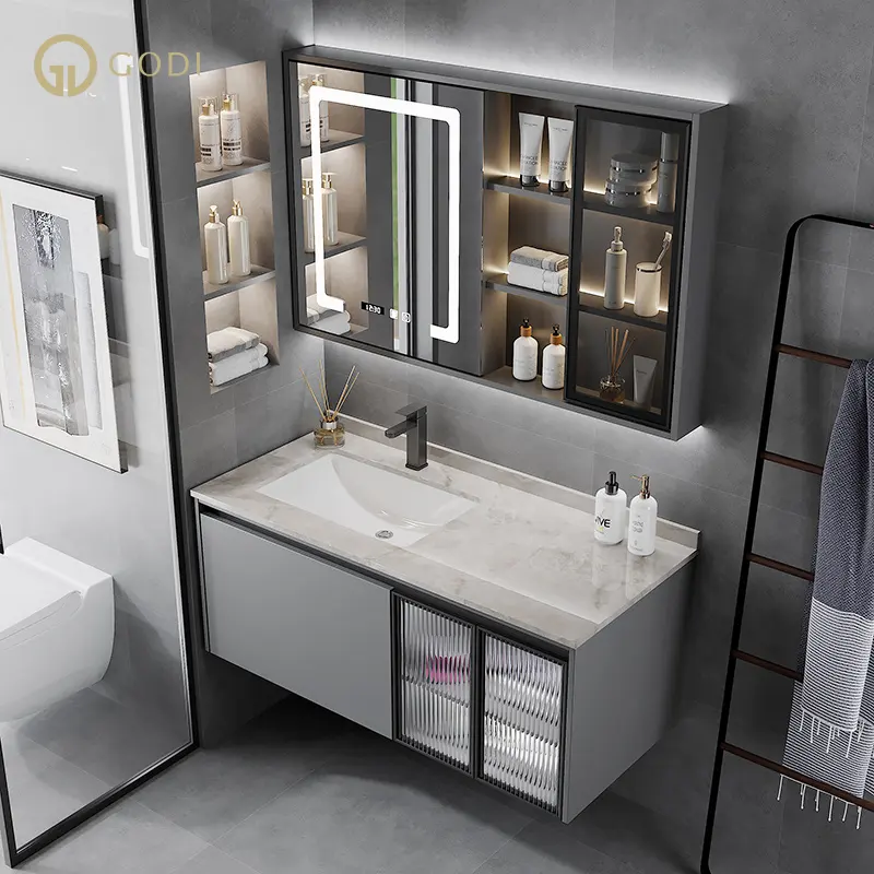 Tocador de baño de MDF de diseño moderno, Unidad de azulejo de pared con lavabo de 30 pulgadas con espejo impermeable con tapa de piedra sinterizada