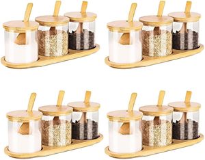 12-gói tre gia vị lưu trữ chai lọ có nắp đậy hình chữ nhật hình dạng gia vị hộp cho muối đường gia vị 4 Bộ của thìa - Product Image 1