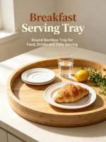 Plateau de service rond en bambou avec rebord surélevé, plateau en bois naturel pour le petit-déjeuner, le thé, le café, les collations