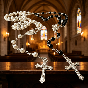 Elegante rosario católico de cuentas de acrílico de colores con San Benito, cruz de Santiago y corazón de Jesús. - Product Image 4