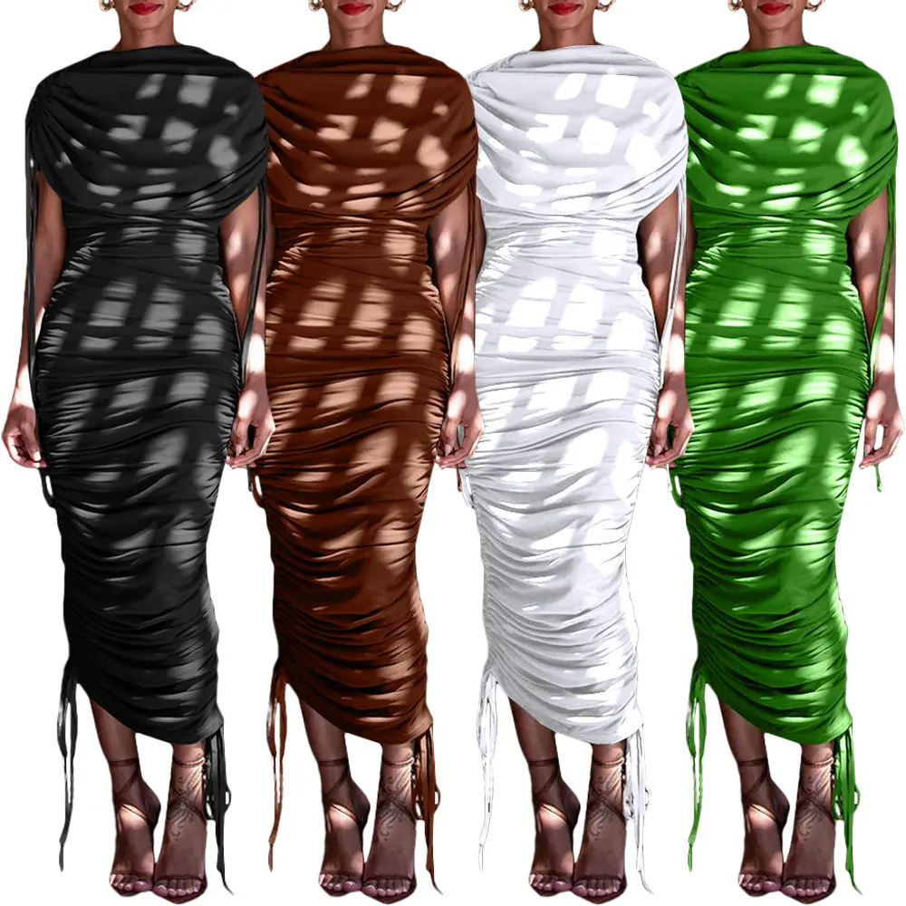 W6820 2024 עיצוב חדש לא סדיר שרוך קמטים שמלת נשים רוכסן שמלת בוקדו שמלה בצבע אחיד ללא שרוולים שמלה ארוכה