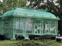 Cúpula de estilo Victoria grande antigua para exteriores, ventanas arqueadas, pabellón de invernadero, cenador verde de Metal para decoración señorial