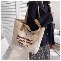 Tas belanja kanvas wanita, totebag kapasitas besar dengan saku ritsleting tas bahu mode lucu