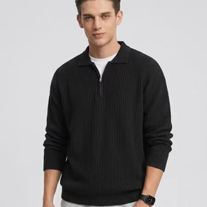 Men's Wool Blend Vertical Ribbed Knit Sweater <strong>Polo</strong> Collar Half Zip Long Sleeve Loose Fit Casual Warm Pullover <strong>Jumper</strong> - Product Image 1
