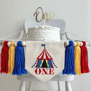 Bannière de fête d'anniversaire 1 an sur le thème du cirque, avec motif de maître de cérémonie, pour décoration de chaise haute et pompon - Product Image 4