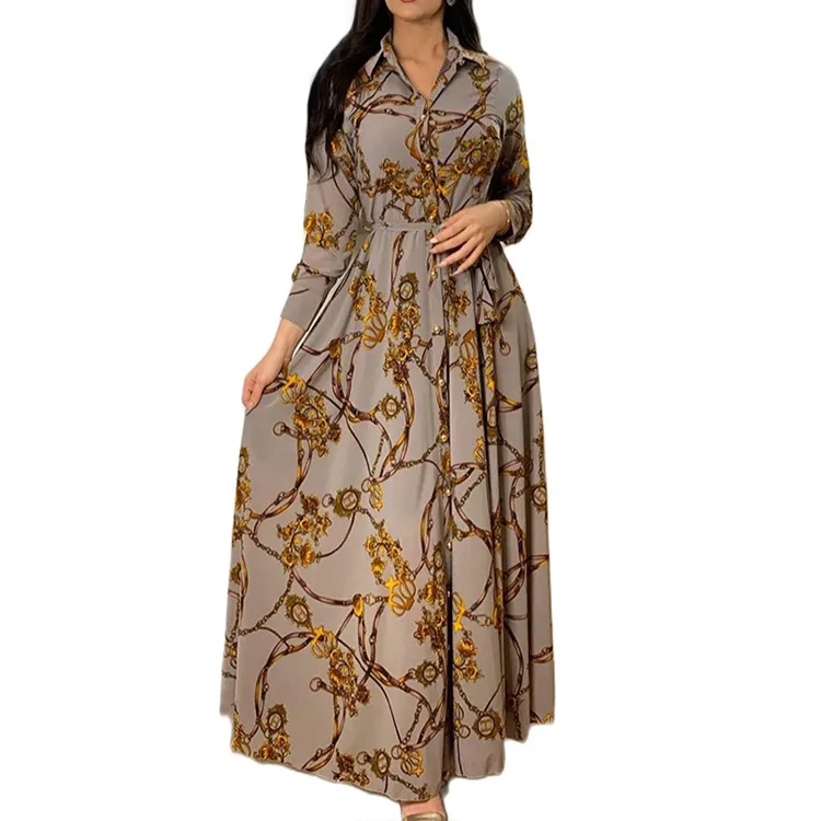 Bestseller Mode Frauen Long Islamic Printed Langarm Kleidung Damen Elegant Muslim Kleid