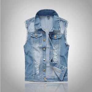 LOGO de personnalisation de <span class=keywords><strong>gilet</strong></span> en jean pour hommes de moto à la mode de style coréen avec épaule <span class=keywords><strong>bleu</strong></span> <span class=keywords><strong>clair</strong></span> et <span class=keywords><strong>gilet</strong></span> en jean OEM - Product Image 1