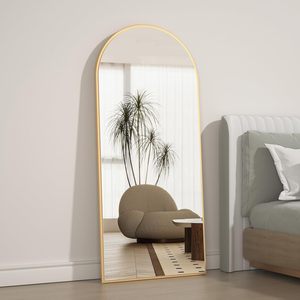 Grande specchio da pavimento ad arco a tutta lunghezza contro il muro per vestirsi da camera da letto e specchio con cornice in oro sottile a parete - Product Image 2