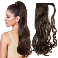 Cheveux noirs mélangés bruns longs ondulés cordon de serrage queue de cheval postiche résistant à la chaleur cheveux synthétiques pince dans les extensions pour les femmes