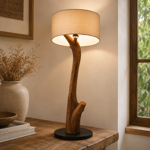 Lampe de sol en racine de teck avec abat-jour en forme de tambour, commande tactile, lumière blanche neutre, base en bois, design Wabi-Sabi, décoration d'intérieur - Product Image 2