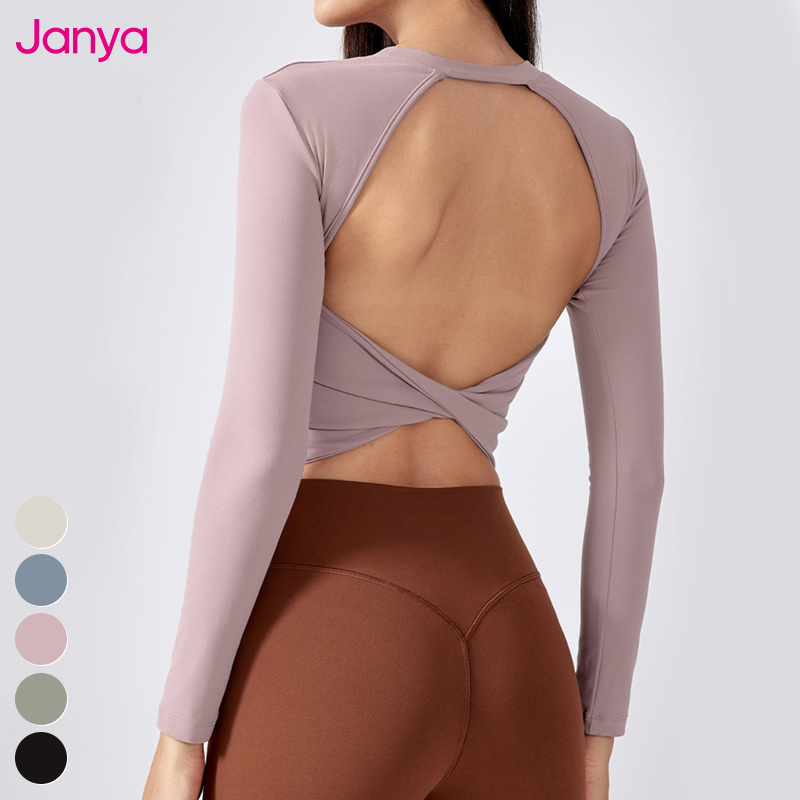 Janya Breathable Long Sleeve Yoga Top Sexy Hollow Workout Fitness Gym Shirt Solid Print Spandex Girls Running Sports Tops Fixed