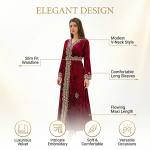 Velvet <b>Patchwork</b> Abaya Dress for Women Slim Waist Vintage Formal Evening Gown Supplier - Product Image 3