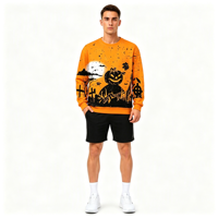 Sweat-shirt à col rond pour homme en polyester personnalisé avec sublimation, motif citrouille ambrée, impression intégrale pour Halloween