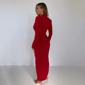 Robe longue à manches longues simple et <span class=keywords><strong>sexy</strong></span> pour femmes avec ceinture plissée irrégulière - Product Image 3