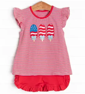 Preorder butik abd popsicle küçük kızlar tunik gömlek şort kıyafetler kırmızı renk toptan 4 temmuz bebek kız giyim