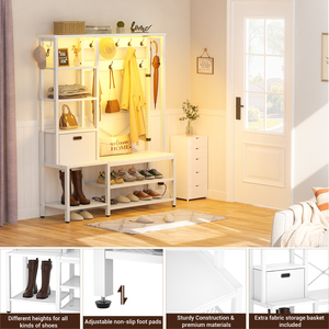 <span class=keywords><strong>Meuble</strong></span> de rangement industriel grand format à 5 niveaux avec banc, porte-manteau et paniers en tissu, structure en bois robuste, pour salon - Product Image 4