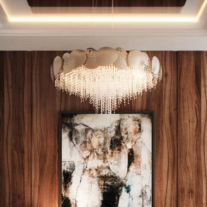 Luxury Round Crystal Tassel Chandelier Hammered Gold Metal Plate Pendant <b>Light</b> For High <b>Ceiling</b> Space - Product Image 1