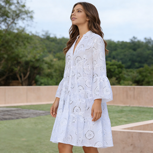 Nouvelle Robe de Plage Ample et Décontractée Grande Taille 2026, Blanche, à Tissage Ouvert, Broderie 3D, Taille Naturelle, Col en V, Manches Cloche - Product Image 4