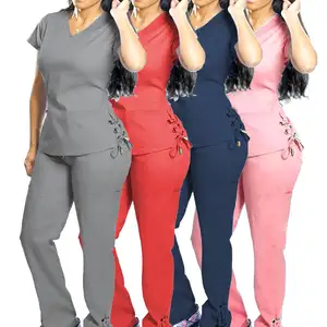 Hospital al por mayor uniformes médicos enfermera diseño manga corta enfermería Scrubs mujeres elegante médico uniformes conjuntos