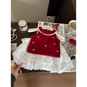 Conjunto de Dos Piezas Elsali para Bebés Niñas, Falda a la Rodilla de Crochet y Top con Tirantes de Encaje, Estilo Dulce y Elegante para Verano - Product Image 1