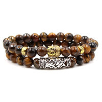 Ensemble de 2 bracelets en fer perlé de 8 mm, pierre turquoise, tête de Bouddha, tête de crâne, casque de guerrier spartiate, couronne, unisexe