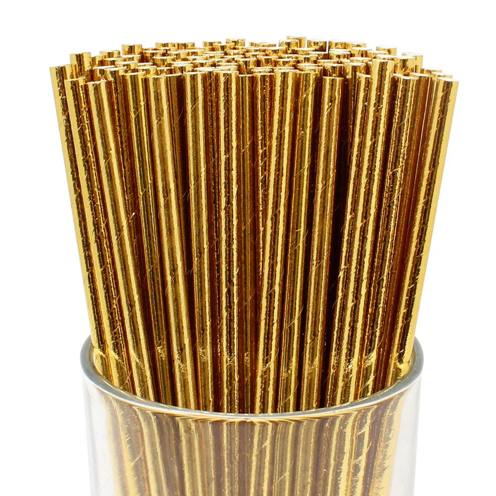 Biodegradable Gold Paper Straws-Extra Durable Gold Drinking Straws- Striped Gold Straws for Birthday, Wedding and Party Supplies