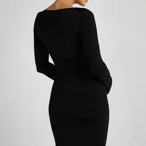 उच्च गुणवत्ता वाले महिलाओं के कपड़े लक्जरी सुरुचिपूर्ण शाम का गाउन ड्रेस लेडी कैजुअल लंबी आस्तीन वाली काली बॉडीकॉन मैक्सी ड्रेस