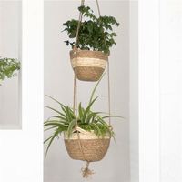 Décoration murale ensembles salle à manger Boho accrocher panier pour chariot extérieur rotin osier jardinière porte arrière suspendu bambou Pots plantes