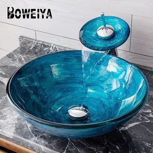 Italian Design Pretty Blue Garden Vanity Tops Pedestal Bowl Sink Bathroom Dining Room Countertop Hand Glass Wash Basin Price