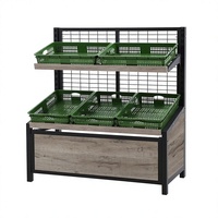 Zware metalen ijzeren 2-laags displayrek voor groenten en fruit met 5 plastic kratten voor supermarkt en kruidenierswinkel