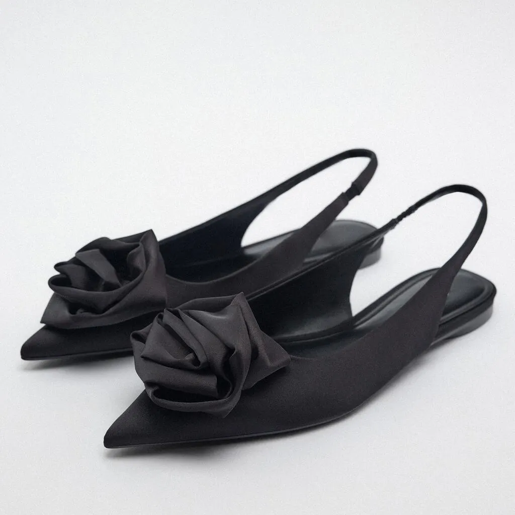 New women's shoes in autumn: Black Flower Decorative open heel flats