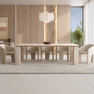 Kumusi Furniture Modern Marble Rectangle <strong>Dining</strong> Table with <strong>Chairs</strong> <strong>Set</strong> <strong>4</strong> 6 8 Seater Beige Travertine Stone Metal Furniture Design - Product Image 1