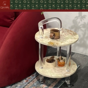 Mesa Auxiliar para Sala <span class=keywords><strong>de</strong></span> Estar GOLDKING, Modelo Monet Garden, <span class=keywords><strong>de</strong></span> Mármol, Dos Niveles, Redonda, con Patas Acrílicas Rodantes, OEM, ODM, Personalizable, Directo <span class=keywords><strong>de</strong></span> Fábrica - Product Image 2